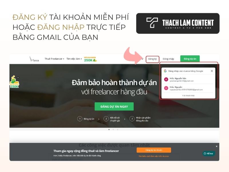 Đăng ký tài khoản Vlance bằng gmail